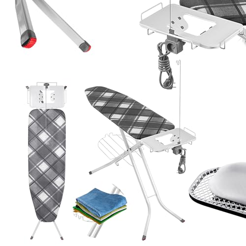 KADAX Klappbares Bügelbrett, 120x38cm Dampfbügelbrett mit Steckdose, Bügeltisch mit rutschfesten Füßen, Höhenverstellbares Bügelbrett mit Bügeleisenablage (Kariert) von KADAX