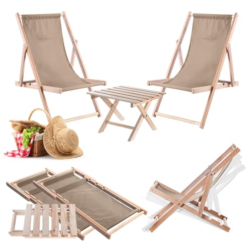 KADAX Klapptisch mit 2 Liegestühlen, Kleiner Gartentisch aus Holz, Beistelltisch für Balkon und Garten, Kaffeetisch klein, Balkontisch klappbar (Beige) von KADAX