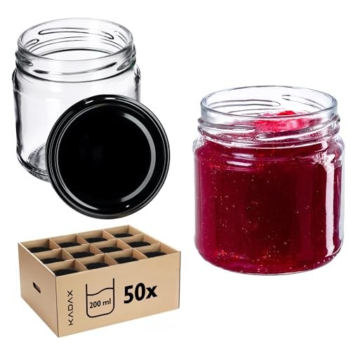 KADAX Kleine Einmachgläser 200 ml, Marmeladengläser, fi66 mm, Minigläser für Honig und Gewürze, Luftdichte Gläschen, Einweckglas, Gläser, Einweckgläser, Rundgläser (50 Stück, Schwarz) von KADAX