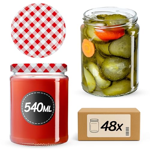 KADAX Konservengläser 540 ml, 48er Set, Rundgläser mit Schraubdeckel Motiv „Rot kariert“ – Einmachgläser zum Einlegen, Einkochen oder Aufbewahren von Marmelade, Obst und Gemüse von KADAX