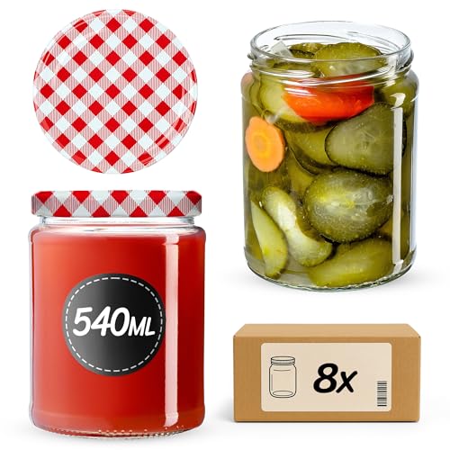 KADAX Konservengläser 540 ml, 8er Set, Rundgläser mit Schraubdeckel Motiv „Rot kariert“ – Einmachgläser zum Einlegen, Einkochen oder Aufbewahren von Marmelade, Obst und Gemüse von KADAX