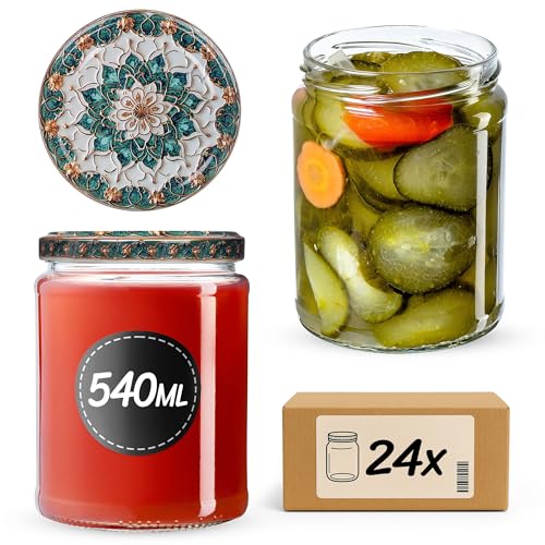 KADAX Konservengläser 540 ml mit fi82mm Schraubdeckel, Einmachgläser zum Einkochen, Einlegen & Aufbewahren, Marmeladengläser, Sturzgläser, Vorratsgläser, Rundgläser (Grün/Gold, 24 Stück) von KADAX