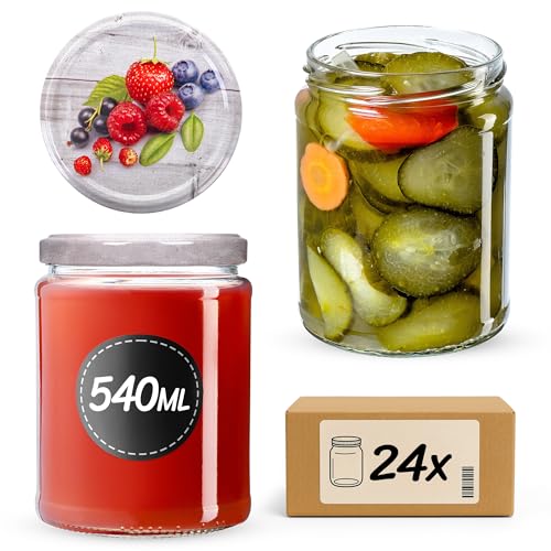 KADAX Konservengläser 540 ml mit fi82mm Schraubdeckel, Einmachgläser zum Einkochen, Einlegen & Aufbewahren, Marmeladengläser, Sturzgläser, Vorratsgläser, Rundgläser (Himbeeren, 24 Stück) von KADAX