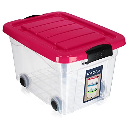 KADAX Kunststoffbehälter mit Rollen, Aufbewahrungsbox aus Kunststoff, Organizer mit Deckel, Clipbox für Spielzeug, Aufbewahrungsbehälter mit Klickverschluss (20L, rosa) von KADAX