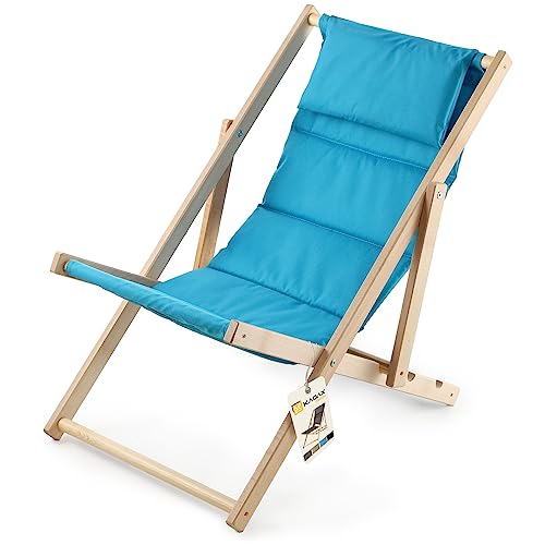 KADAX Liegestuhl, Strandstuhl aus Holz, Sonnenliege bis 120kg, Liege aus Buchenholz, Holzklappstühle, Strandliege, Klappliege für Strand, Holz-Liegestuhl (Mit Kopfstütze, Blau) von KADAX