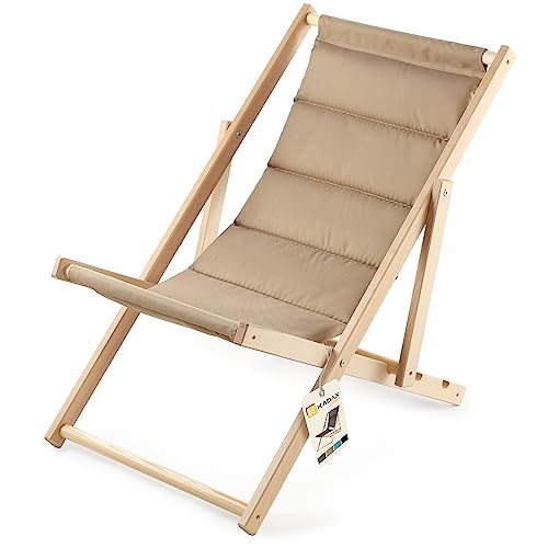 KADAX Liegestuhl, Strandstuhl aus Holz, Sonnenliege bis 120kg, Liege aus Buchenholz, Holzklappstühle, Strandliege, Klappliege für Strand, Holz-Liegestuhl (Mit Kopfstütze, Cappucino) von KADAX