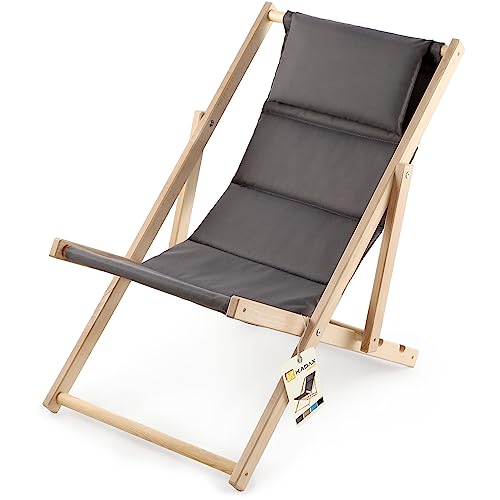 KADAX Liegestuhl, Strandstuhl aus Holz, Sonnenliege bis 120kg, Liege aus Buchenholz, Holzklappstühle, Strandliege, Klappliege für Strand, Holz-Liegestuhl (Mit Kopfstütze, Grau) von KADAX