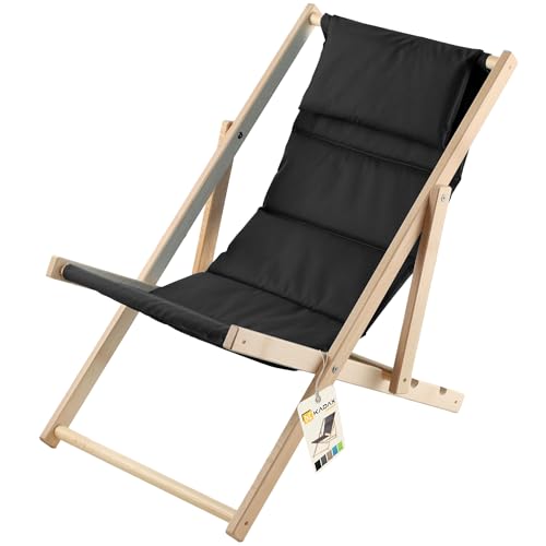 KADAX Liegestuhl, Strandstuhl aus Holz, Sonnenliege bis 120kg, Liege aus Buchenholz, Holzklappstühle, Strandliege, Klappliege für Strand, Holz-Liegestuhl (Mit Kopfstütze, Schwarz) von KADAX