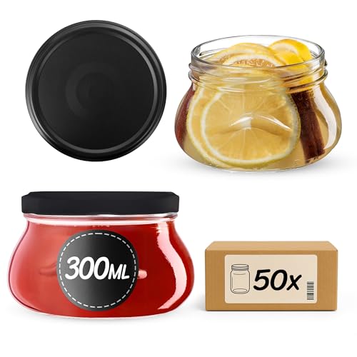 KADAX Marmeladengläser 300 ml mit fi82 mm Schraubdeckel, kleine Einmachgläser für Honig und Gewürze, Marmeladengläser mit Deckel, Luftdichte Gläschen zum Verschenken (Schwarz matt, 50 Stück) von KADAX