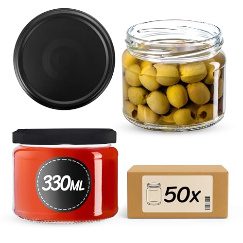 KADAX Marmeladengläser 330ml mit fi82 mm Schraubdeckel, Einmachgläser für Marmelade, Honig & Konfitüre, Vorratsgläser aus Glas, Gläser mit Deckel (Schwarz matt, 50 Stück) von KADAX
