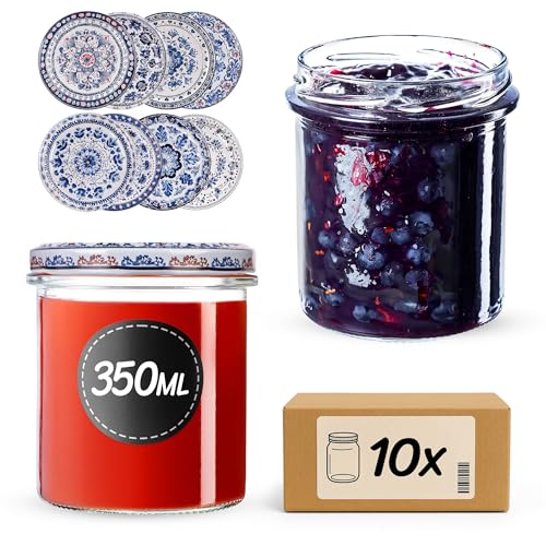 KADAX Marmeladengläser 350ml mit fi82 mm Schraubdeckel, kleine Einmachgläser mit Deckel, Sturzgläser zum Einkochen, Einmachen & Konservieren, Schraubgläser (Blau/Weiß, 10 Stück) von KADAX
