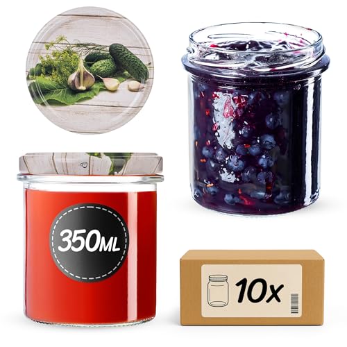 KADAX Marmeladengläser 350ml mit fi82 mm Schraubdeckel, kleine Einmachgläser mit Deckel, Sturzgläser zum Einkochen, Schraubgläser für Marmelade & Honig (Einlegegurken, 10 Stück) von KADAX