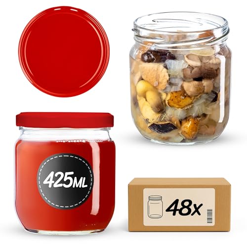 KADAX Marmeladengläser 425ml, Einmachgläser mit Schraubdeckel, Gläser mit Schraubverschluss, EinKonservengläser, Vorratsgläser für Marmeladen, Konfitüren, Honig (Rot / 48 Stück) von KADAX