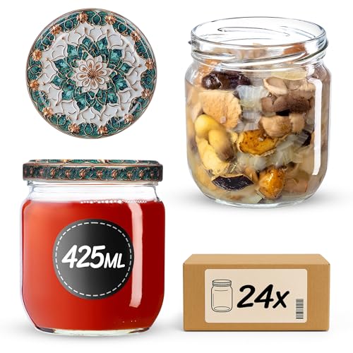 KADAX 24st Einmachgläser 425ml mit Schraubdeckel fi82 mm für Einlegen, Einmachen, Konservieren und Mahlzeitenvorbereitung - Luftdichte Twist-off Gläser (Grün/Gold, 24 St.) von KADAX