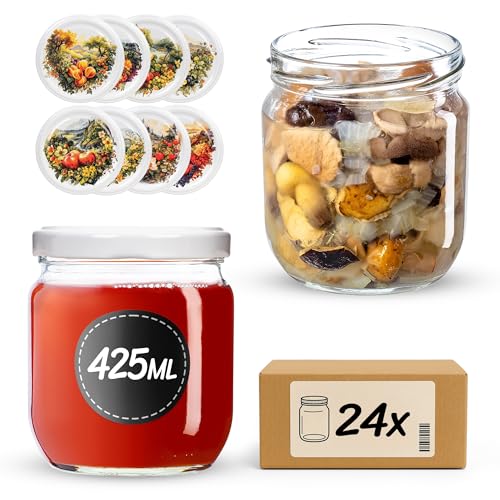 KADAX Marmeladengläser 425ml, Einmachgläser mit fi82 Schraubdeckel, Gläser mit Schraubverschluss, Konservengläser, Vorratsgläser für Marmeladen, Konfitüren & Honig (Obstgarten, 24 Stück) von KADAX