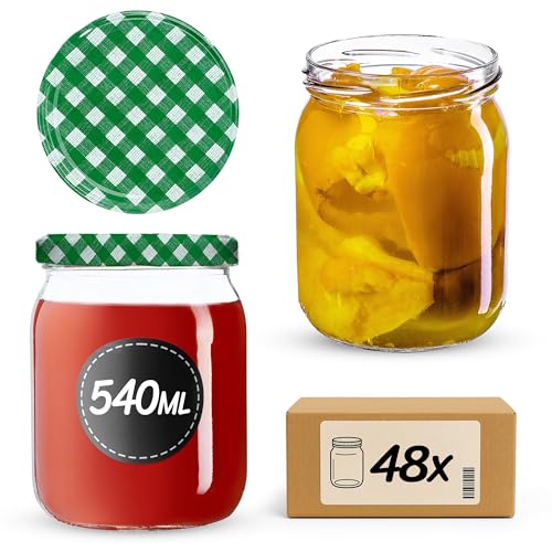 KADAX Marmeladengläser 540ml, Einmachgläser mit Schraubdeckel, Gläser mit Schraubverschluss, Einweckgläser, Vorratsgläser zum Einlegen von Gurken (48 Stück, Grün kariert) von KADAX