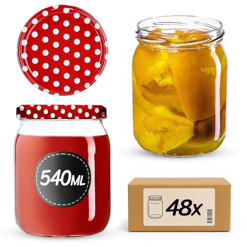 KADAX Marmeladengläser 540ml, Einmachgläser mit Schraubdeckel, Gläser mit Schraubverschluss, Einweckgläser, Vorratsgläser zum Einlegen von Gurken (48 Stück, Rot gepunktet) von KADAX