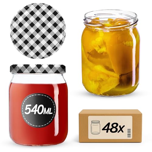 KADAX Marmeladengläser 540ml, Einmachgläser mit Schraubdeckel, Gläser mit Schraubverschluss, Einweckgläser, Vorratsgläser zum Einlegen von Gurken (48 Stück, Schwarz kariert) von KADAX