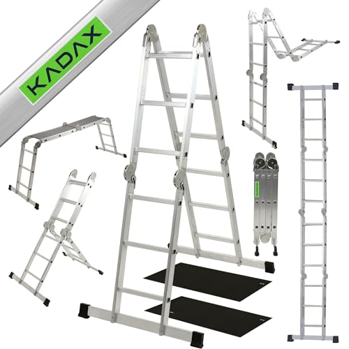 KADAX Mehrzweckleiter 12 Stufen, Multifunktionsleiter aus Aluminium, Aluleiter, Vielzweckleiter bis 150kg, Klappleiter mit Plattform, Gelenkleiter, Haushaltsleiter (4x3 Sprossen) von KADAX