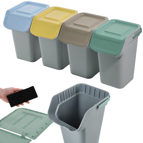 KADAX Mültrennungssystem-Set, Abfallbehälter mit luftdichtem Klappdeckel, Abfalltrennbehälter 25 Liter, Abfallsammler, Mülleimer für Küche, Abfallsammler (Dunkelgrau, 4x25L) von KADAX