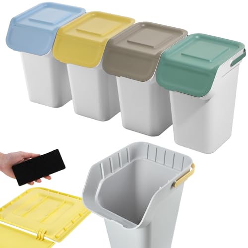 KADAX Mültrennungssystem-Set, Abfallbehälter mit luftdichtem Klappdeckel, Abfalltrennbehälter 25 Liter, Abfallsammler, Mülleimer für Küche, Abfallsammler (Hellgrau, 4x25L) von KADAX