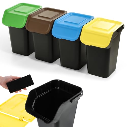 KADAX Mültrennungssystem-Set, Abfallbehälter mit luftdichtem Klappdeckel, Abfalltrennbehälter 25 Liter, Abfallsammler, Mülleimer für Küche, Abfallsammler (Schwarz, 4x25L) von KADAX