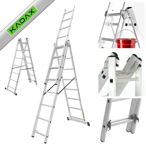 KADAX Multifunktionsleiter, Vielzweckleiter aus Aluminium, Anlegeleiter bis 150kg, Mehrzweckleiter, Kombileiter, Stehleiter mit Haken, Schiebeleitern (7 Stufen) von KADAX