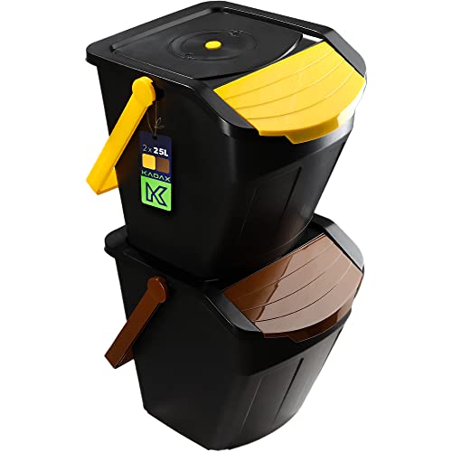 KADAX Recycling-Eimer, 25L Mülleimer mit Deckel, Abfalleimer-Set für leichte Mülltrennung, Abfallsammler, Mülltrenner für Biomüll, Papier, Glass (2 Stück 25l) von KADAX