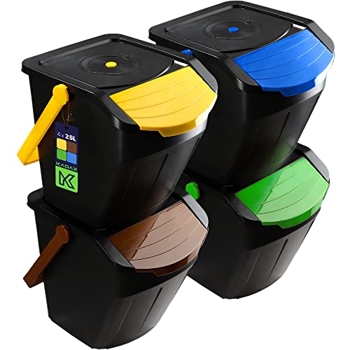 KADAX Recycling-Eimer, 25L Mülleimer mit Deckel, Abfalleimer-Set für leichte Mülltrennung, Abfallsammler, Mülltrenner für Biomüll, Papier, Glass (4 Stück 25l) von KADAX