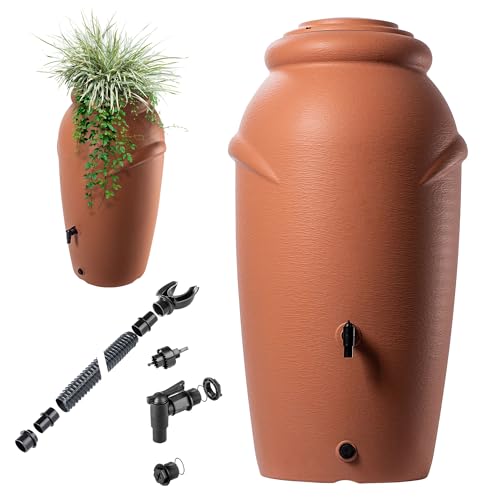 KADAX Regentonne aus Kunststoff 210 L, Regenwassertank mit Wasserhahn, Pflanzschale und Deckel, Dekorativer Regentank, Frostsicheres Regenfass von KADAX
