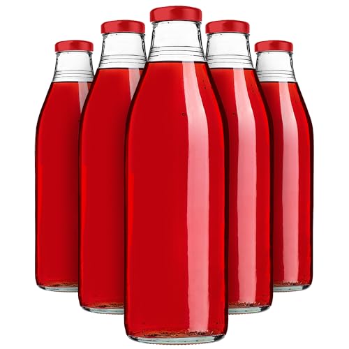 KADAX Saftflaschen 1L, 20 Stück, Glasflaschen mit Schraubverschluss fi43mm, leere Flaschen zum Einkochen, Einmachflaschen zum Befüllen von Saft & Sirup (Rot) von KADAX