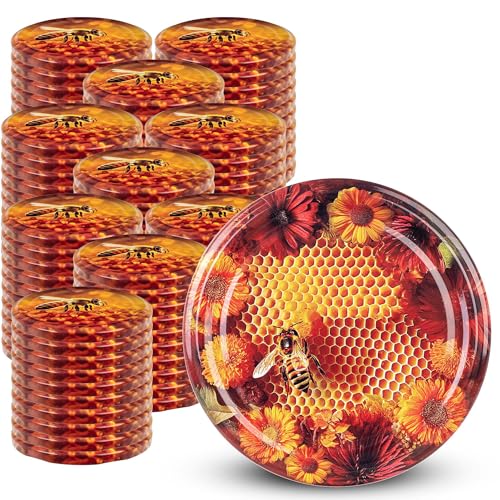 KADAX Schraubdeckel fi82 mm x 100st, Twist-Off-Deckel Set aus Metall, Ersatzdeckel für Einmachgläser, Deckel mit 6 Einrastzähnen für Sturzgläser und Einmachgläser (Orange Biene, 100 Stück) von KADAX