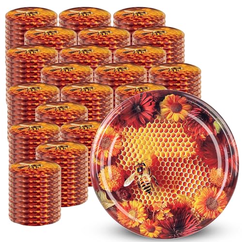 KADAX Schraubdeckel fi82 mm x 200st, Twist-Off-Deckel Set aus Metall, Ersatzdeckel für Einmachgläser, Deckel mit 6 Einrastzähnen für Sturzgläser und Einmachgläser (Orange Biene, 200 Stück) von KADAX