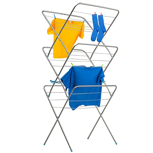 KADAX Senkrechter Standtrockner, klappbarer Luftstromwäscheständer, Trockenlänge mit 15m Gesamttrockenfläche, kompaktes Trockengestell (Grau) von KADAX