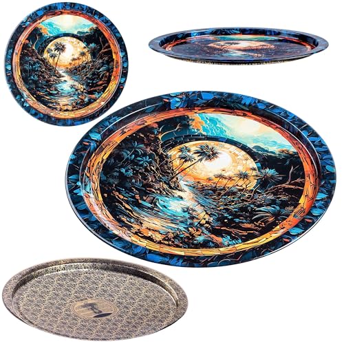 KADAX Serviertablett aus Metall, 32.5 cm Durchmesser, Rundes Deko Tablett mit erhöhtem Rand und dekoratives Design, Dekoteller Rund, Metalltablett (Palmen) von KADAX