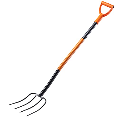 KADAX Spatengabel aus Stahl, 132 cm Lange Gabel, Heugabel, Grabgabel zum Umgraben, ergonomische Gartenforke, Mistgabel, Gabel mit D-Griff, Gartengabel (4 Zinken, schwarz/orange) von KADAX