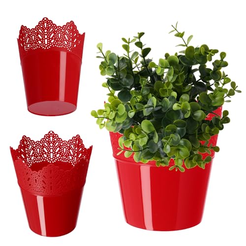 KADAX Spitzen-Blumentopf aus Kunststoff, 11 Farben, Blumentopf mit Spitzenmotiv, Blumentopfschutz für Büro, Topf, Gartenschale, Blumenkübel, Übertopf (⌀ 14,5cm, Niedrig, rot) von KADAX