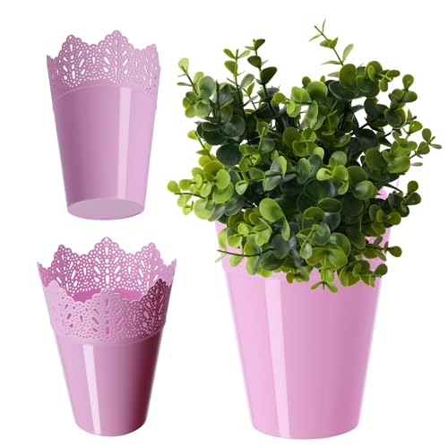 KADAX Spitzen-Blumentopf aus Kunststoff, 9 Farben, Blumentopf mit Spitzenmotiv, Blumentopfschutz für Büro, Topf, Gartenschale, Blumenkübel, Übertopf (⌀ 12cm, Hoch, rosa) von KADAX