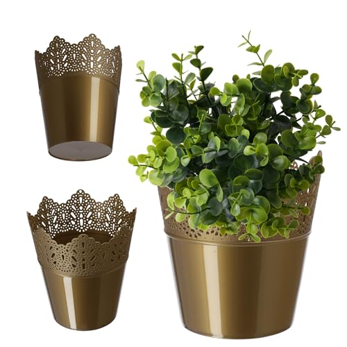 KADAX Spitzen-Blumentopf aus Kunststoff, 9 Farben, Blumentopf mit Spitzenmotiv, Blumentopfschutz für Büro, Topf, Gartenschale, Blumenkübel, Übertopf (⌀ 12cm, Niedrig, Gold) von KADAX