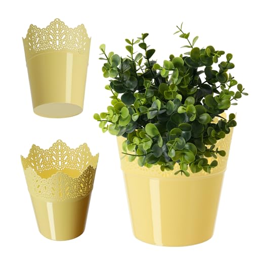 KADAX Spitzen-Blumentopf aus Kunststoff, 9 Farben, Blumentopf mit Spitzenmotiv, Blumentopfschutz für Büro, Topf, Gartenschale, Blumenkübel, Übertopf (⌀ 12cm, Niedrig, gelb) von KADAX