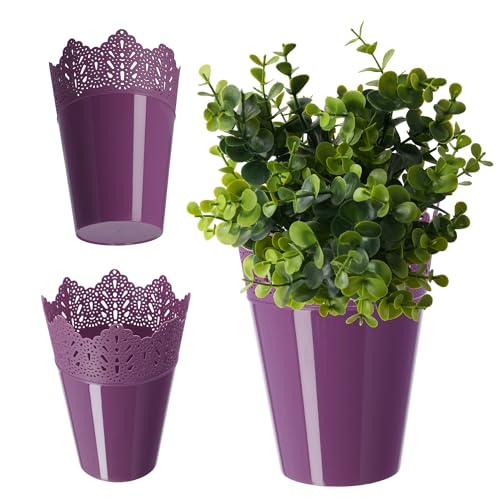 KADAX Spitzen-Blumentopf aus Kunststoff, 9 Farben, Blumentopf mit Spitzenmotiv, Blumentopfschutz für Büro, Topf, Gartenschale, Blumenkübel, Übertopf (⌀ 14,5cm, Hoch, violett) von KADAX