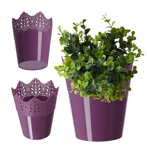 KADAX Spitzen-Blumentopf aus Kunststoff, 9 Farben, Blumentopf mit Spitzenmotiv, Blumentopfschutz für Büro, Topf, Gartenschale, Blumenkübel, Übertopf (⌀ 14,5cm, Niedrig, violett) von KADAX