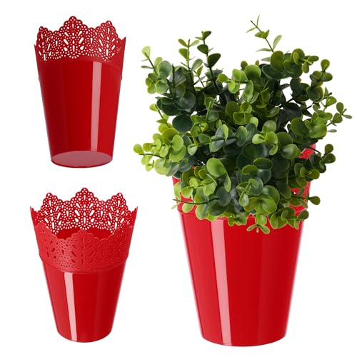 KADAX Spitzen-Blumentopf aus Kunststoff, 9 Farben, Blumentopf mit Spitzenmotiv, Blumentopfschutz für Büro, Topf, Gartenschale, Blumenkübel, Übertopf (⌀ 16,5cm, Hoch, rot) von KADAX