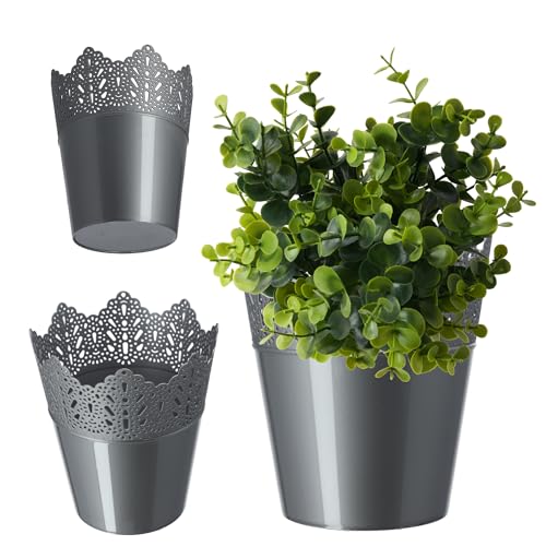 KADAX Spitzen-Blumentopf aus Kunststoff, 9 Farben, Blumentopf mit Spitzenmotiv, Blumentopfschutz für Büro, Topf, Gartenschale, Blumenkübel, Übertopf (⌀ 16,5cm, Niedrig, Silber) von KADAX