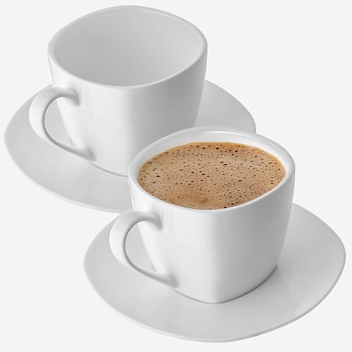 KADAX Tassen mit Untertassen aus Porzellan, Elegantes 2er Set 250 ml, Stapelbare Porzellantassen mit Untertellern für Tee & Kaffee & Cappuccino (Eckig Weiß, 2er Set) von KADAX