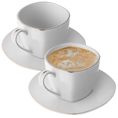 KADAX Tassen mit Untertassen aus Porzellan, Elegantes 2er Set 250 ml, Stapelbare Porzellantassen mit Untertellern für Tee & Kaffee & Cappuccino (Eckig Weiß-Gold) von KADAX