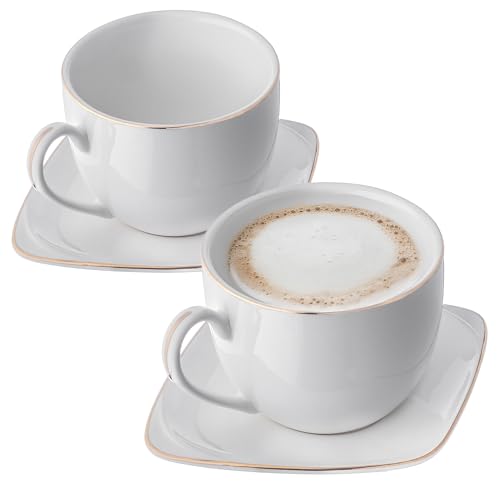 KADAX Tassen mit Untertassen aus Porzellan, Elegantes 2er Set 250 ml, Stapelbare Porzellantassen mit Untertellern für Tee & Kaffee & Cappuccino (Rund Weiß-Gold) von KADAX