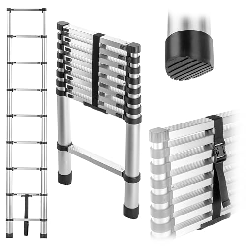 KADAX Teleskopleiter aus Aluminium mit 9 Stufen, Aluleiter mit Tragfähigkeit bis 125 kg, Mehrzweckleiter mit Antirutsch-Füßen, Ausziehleiter, Klappleiter (2.6 m) von KADAX