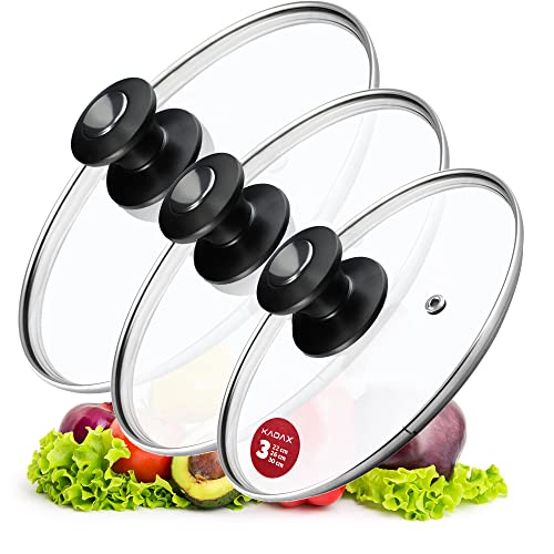 KADAX Topfdeckel-Set, Universaldeckel aus Glas mit griff, hitzebeständiger Deckel-set in verschiedenen Größen, Pfannendeckel-set, Glasdeckel für Topf, Pfanne (22+26+30cm, Schwarz&Silber griff) von KADAX
