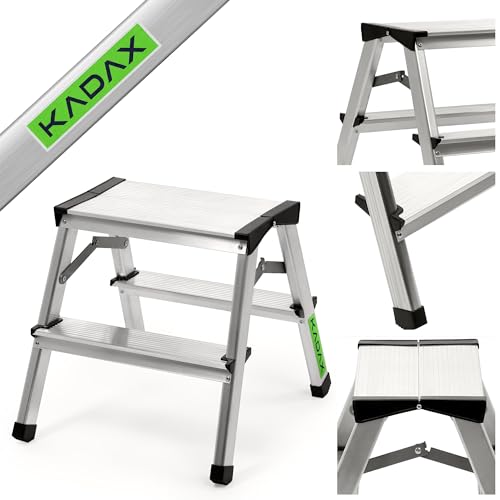 KADAX Trittleiter aus Aluminium 2 Stufen, Klapptritt bis 125kg, Stufenleiter mit Antirutschstufen, Stehleiter, beidseitige Aluleiter, Tritthocker, Klappleiter von KADAX